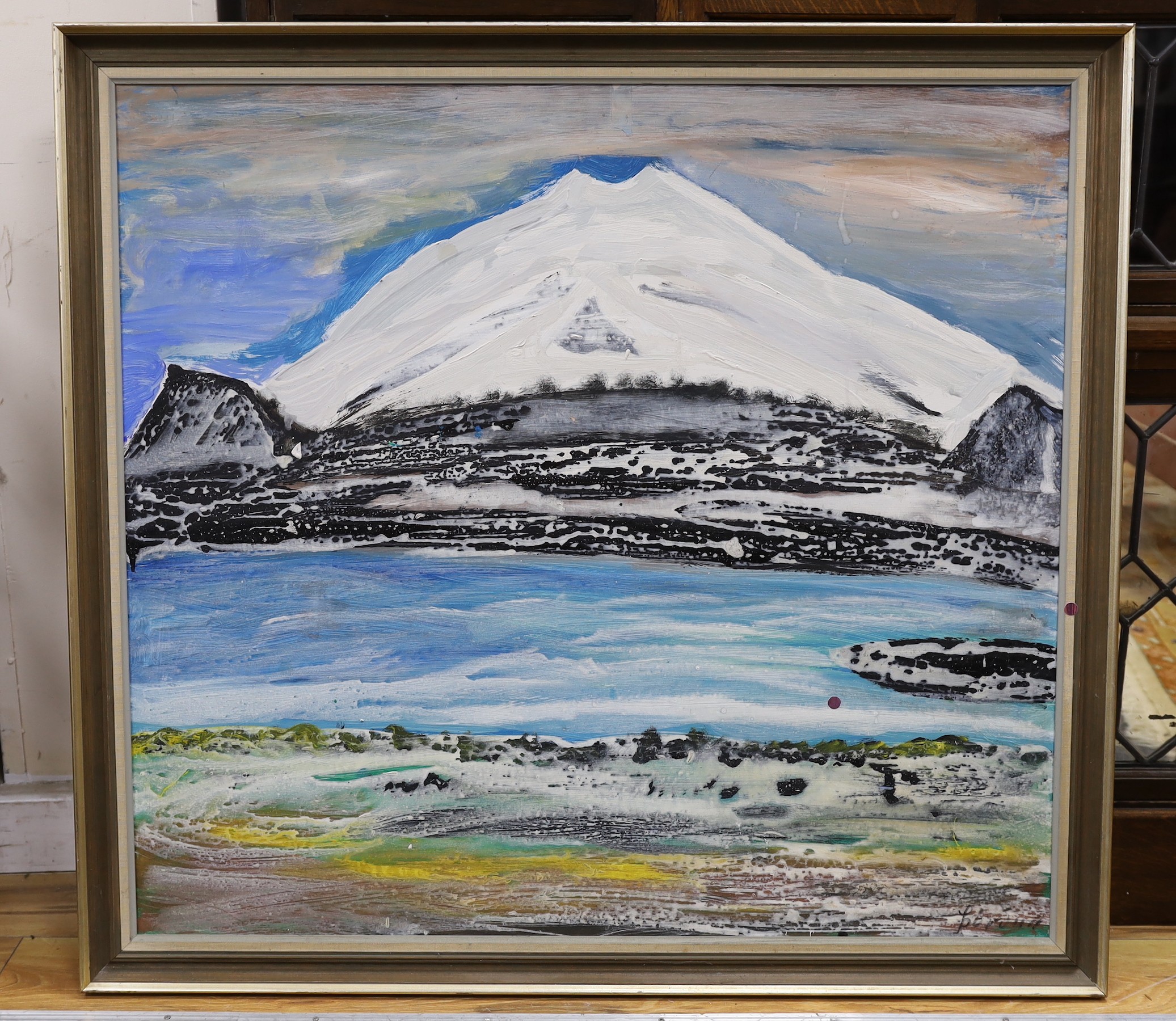 B. Halldorsson, oil on board, Mountain landscape, signed and inscribed verso, 83 x 91cm